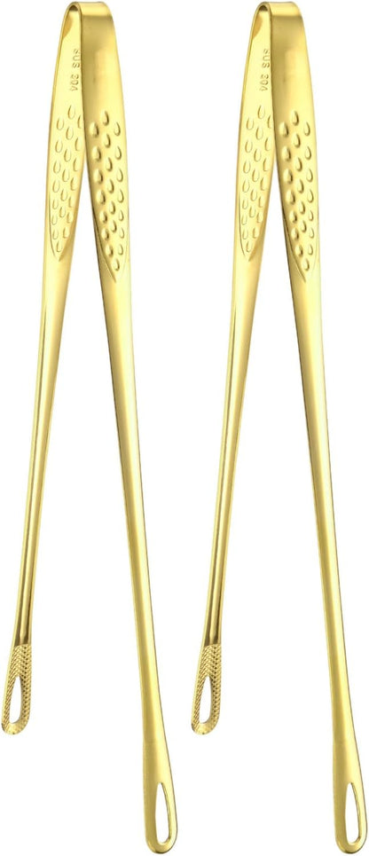 M METERXITY 2-Pack Extra Long Grill Tongs, 11 Inch Non-Slip 304 Stainless Steel Locking Tongs for Cooking/Buffet/Outdoor Barbecue, Korean BBQ Tweezers Metal Clamp Tool [Gold Tone]