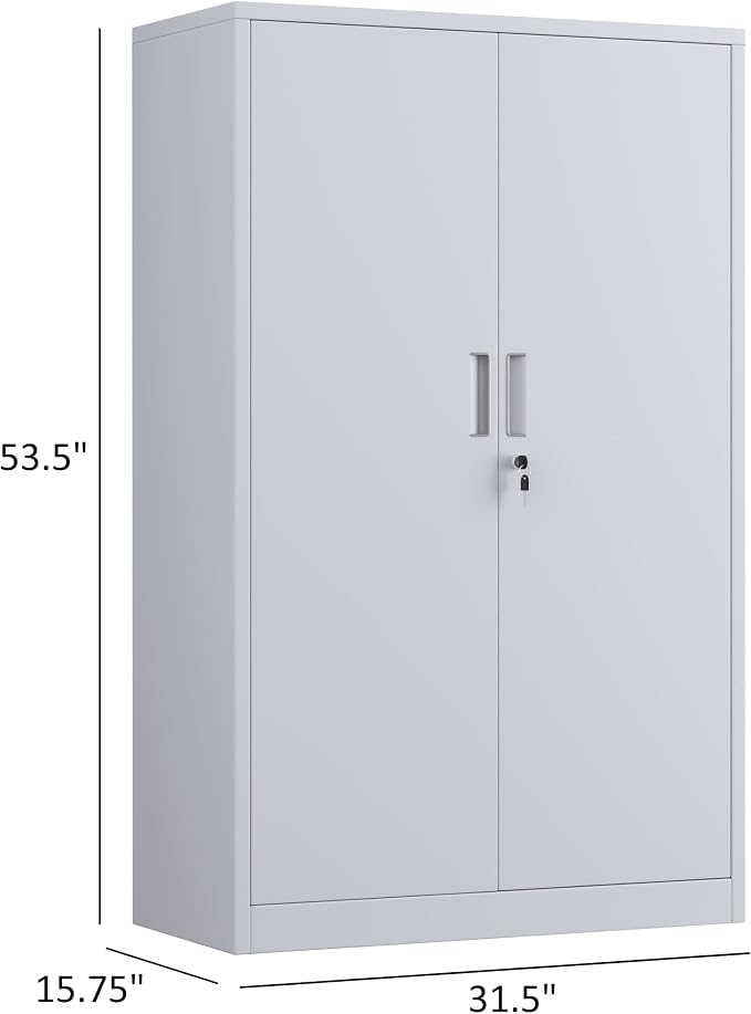 Metal Storage Cabinet with Locking Doors and 3 Adjustable Shelves, 53.5-Inch Tall Lockable Steel Storage Cabinets for Home Office Garage Pantry (White)