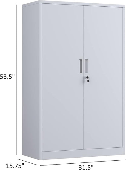Metal Storage Cabinet with Locking Doors and 3 Adjustable Shelves, 53.5-Inch Tall Lockable Steel Storage Cabinets for Home Office Garage Pantry (White)
