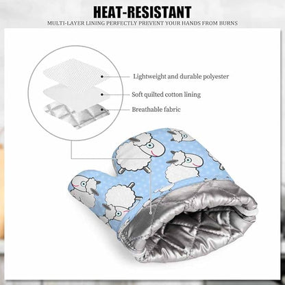 Mxocom Sheep Heat-Resistant Oven Mitts and Pot Holder Cute Animal White Sheep Llama Blue Polka Dots Kitchen Non-Slip Cooking Microwave Gloves for Cooking Baking Grilling