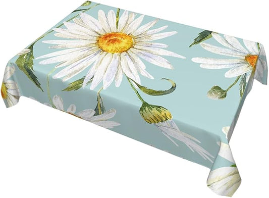 Decorative Rectangle Table Cloths Watercolor Floral Daisy White Chamomile Plant Green Tablecloth Table Cover for Dining/BBQ/Picnic/Coffee Table 52 X 70 Inches