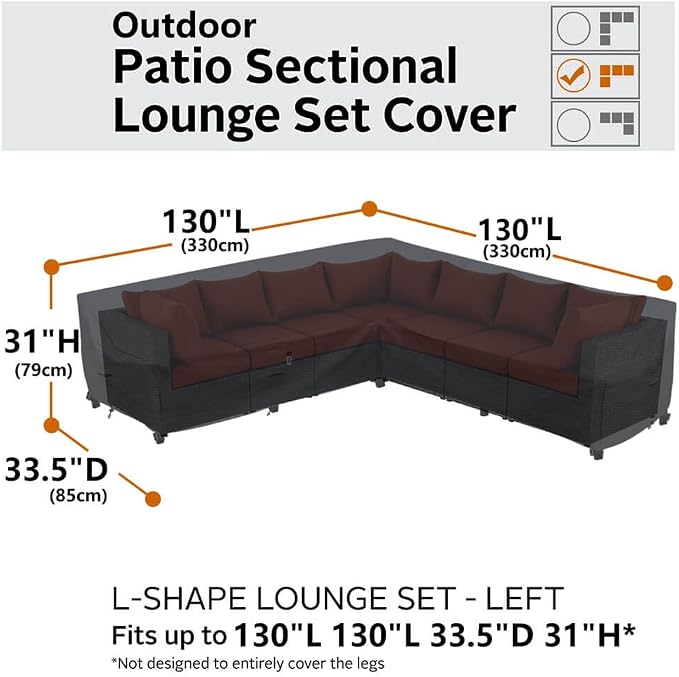 Heavy Duty Outdoor Sectional Sofa Cover, 130-inch L-Shaped Waterproof 600D Patio Furniture Covers, Lawn Patio Couch Protector(Midnight Black, V-Shaped-130" x 130")