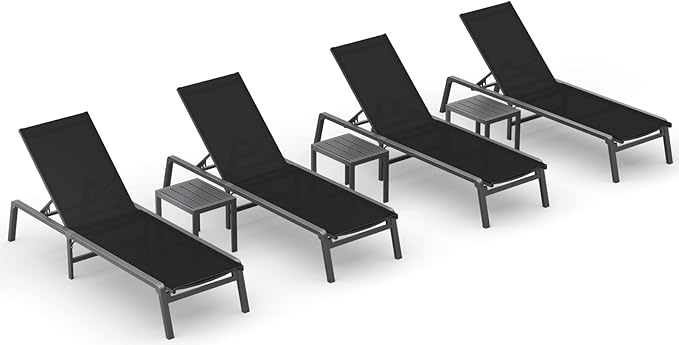 Ciokea Aluminum Foldable Lounge Chairs Set of 4 with 3 Outdoor Aluminum Side Table, Perfect Match, Suitable for Courtyard, Balcony, Lawn and Other Scenes, Black