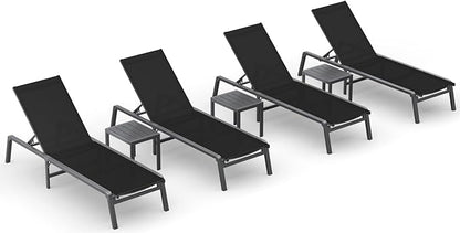 Ciokea Aluminum Foldable Lounge Chairs Set of 4 with 3 Outdoor Aluminum Side Table, Perfect Match, Suitable for Courtyard, Balcony, Lawn and Other Scenes, Black
