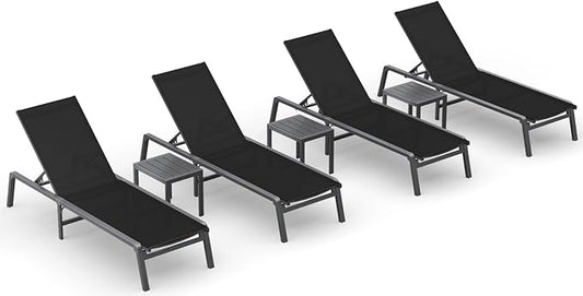 Ciokea Aluminum Foldable Lounge Chairs Set of 4 with 3 Outdoor Aluminum Side Table, Perfect Match, Suitable for Courtyard, Balcony, Lawn and Other Scenes, Black
