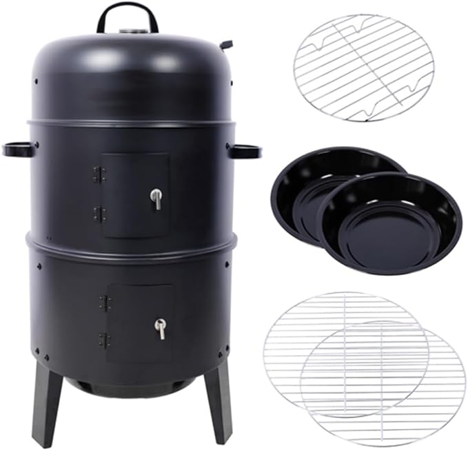 3-in-1 Vertical Charcoal Smoker Grill, 2-Tier BBQ Grill with Built-in Thermometer, Adjustable Air Vent, Dual Access Doors & Porcelain Pans for Grilling, Roasting