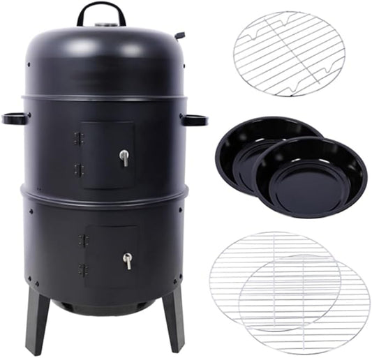 3-in-1 Vertical Charcoal Smoker Grill, 2-Tier BBQ Grill with Built-in Thermometer, Adjustable Air Vent, Dual Access Doors & Porcelain Pans for Grilling, Roasting