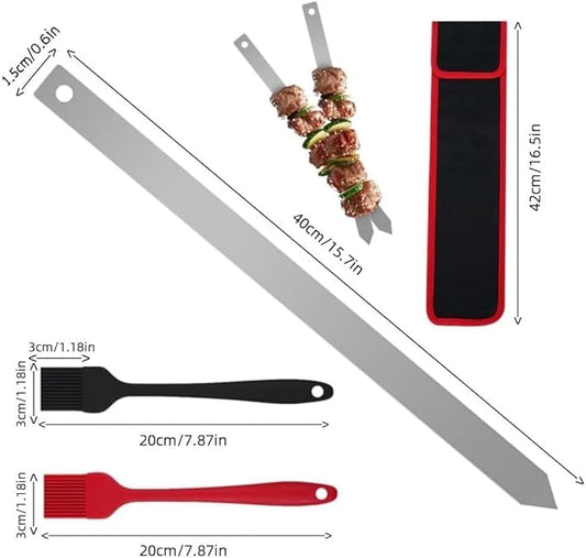 BBQ Skewers Flat Wide,15.7"×5/8" Stainless Steel Kabobs with Carry Bag & 2 Brushes,Reusable Metal Skewers for Grilling, Outdoor Cooking, Family Party and Vegetables(6PCS)
