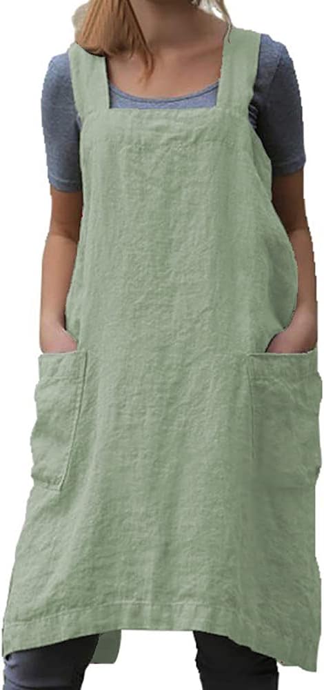 TBA Cotton Linen Apron Cross Back Apron for Women with Big Pockets Square Pinafore Dress for Baking Cooking BBQ & Grill