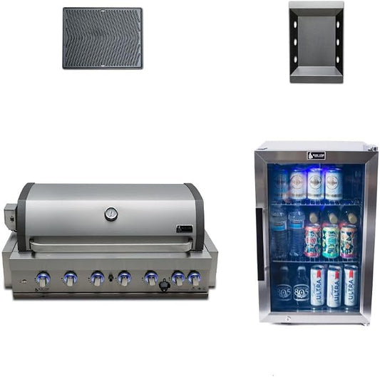 Mont Alpi Premium 44"W x 23"D x 21"H Stainless Steel 6-Burner Built-in BBQ Grill Head with Infrared Rear Burner + Rotisserie Kit + Outdoor Rated Glass Door Refrigerator + Charcoal Tray + Griddle Plate
