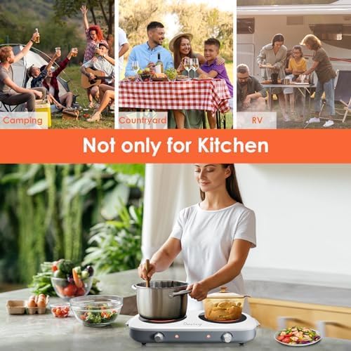 Davivy Hot Plate Electric Double Burner,1800W Rapid Heating Portable Cooktop with 7.9inch Crystallite Ceramic Glass Top,Flexible Temperature Settings,Lightweight Design for Cooking (Double-White)