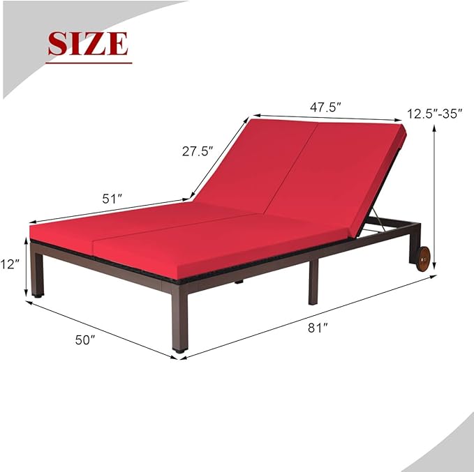 Tangkula 2-Person Patio Lounge Chair, Outdoor Rattan Double Wicker Daybed Chaise Lounge Chair with Adjustable Backrest Wheels & Cushion, Patio Sofa for Garden Lawn Backyard (Red)