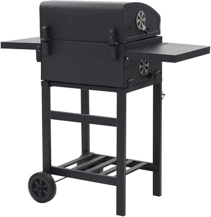 Charcoal-Fueled BBQ Grill,Charcoal BBQ Barbecue Grill Camping Stand for Outdoor Cooking Heavy Duty,for Tailgating Patio Backyard Camping and Anywhere,With 2 Wheels, with Bottom Shelf Black