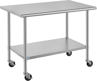 ROCKPOINT All Stainless Steel Prep Table with Caster 30x48 Inch, Commercial Heavy Duty Workbench with Stainless Legs & Adjustable Undershelf, 840 lb Capacity for Outdoor Kitchens with Wheel