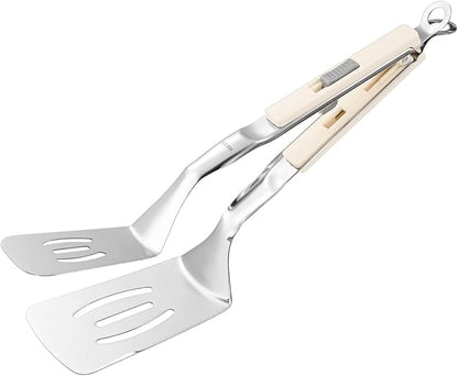 M METERXITY Spatula Tongs, 11.4 Inch 304 Stainless Steel Anti-Scald Multifunctional Flipper Grill Clamp for Cooking/Barbecue, Kitchen Cooking Tongs [White Handle, Silver Tone]