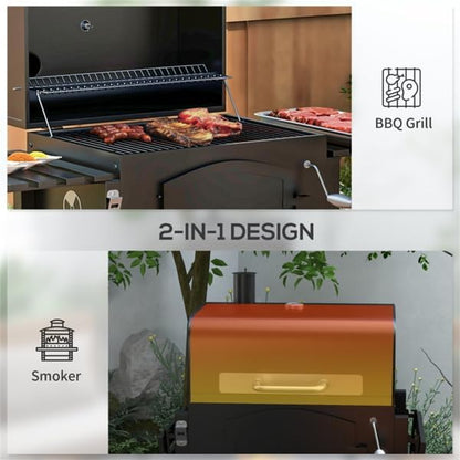 Adjustable Portable Charcoal BBQ Grill with Side Tables, Chimney Vent, and Ash Catcher – Outdoor Steel Barbecue Grill with Wheels, Bottle Opener & Temperature Gauge