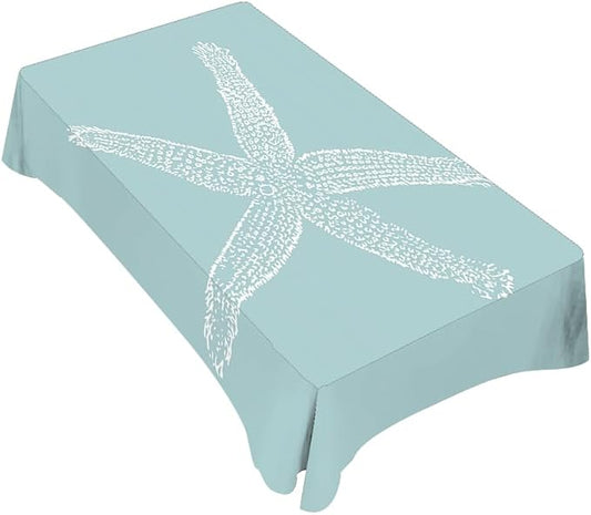 TKS MITLAN White Starfish Tablecloth 52 x 70 Inch Rectangular Ocean Wildlife Sketch Granular Tube Feet Tentacle Sea Cyan Oblong Table Cloth Kitchen Table Decorations for Home Dinner Party