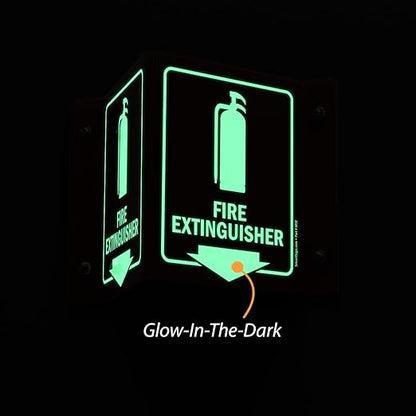 SmartSign "Fire Extinguisher" Two-Sided V-Shaped Projecting Sign with Down Arrow, 6 x 5 inch, 120 mil Thick Glow-In-The-Dark Polished Acrylic, Photoluminescent