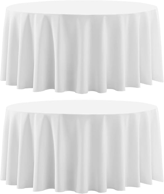 2 Pack White Round Tablecloths 120 Inch for Dining Tables | Washable Decorative Linen Polyester Table Cover for Banquets Buffets Parties and Weddings