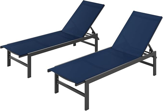 Vexwalx Outdoor Lounge Chairs Set of 2, Aluminum Patio Chaise Lounge Chairs with 5-Position Recliner, Pool Lounge Chairs for Backyard, Poolside, Deck, Lawn (Navyblue)