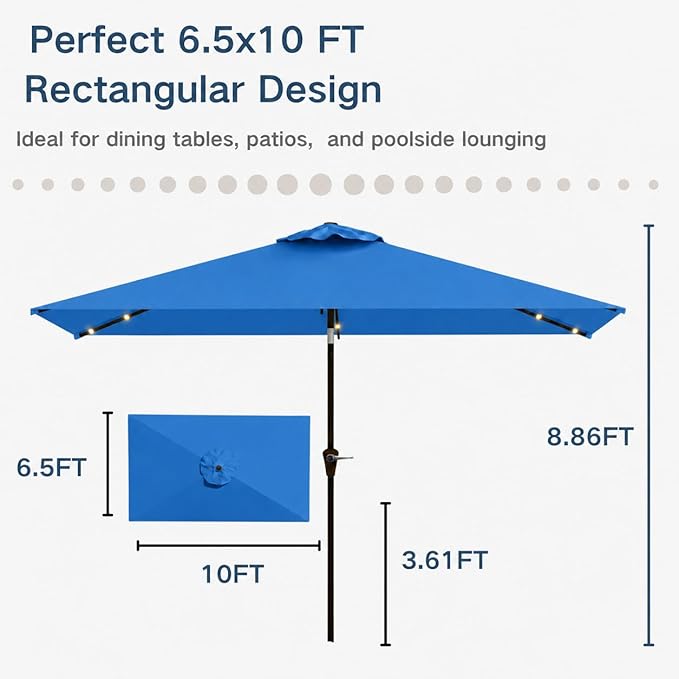 6.5 x 10ft Rectangular Patio Umbrella with Solar Lights, 16 LED Lighted Market Umbrella with Push-Button Tilt and Crank, 6 Sturdy Iron Ribs for Garden, Deck, Pool, Royal Blue
