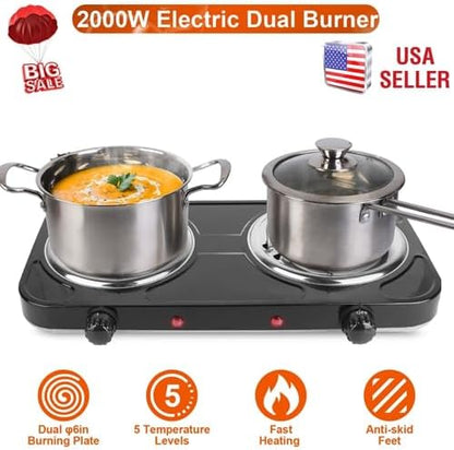 2000W Electric Double Burner, Portable Coil Heating Hot Plate Stove, Countertop Cooker with 5 Temperature Adjustments & Non Slip Rubber Feet for RV Kitchen (black)