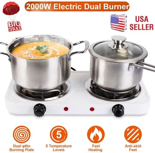 2000W Electric Double Burner, Portable Coil Heating Hot Plate Stove, Countertop Cooker with 5 Temperature Adjustments & Non Slip Rubber Feet for RV Kitchen (white)