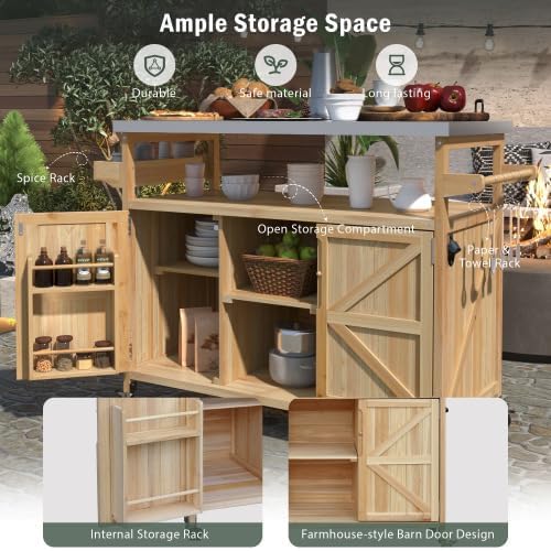 Bellemave Outdoor Kitchen Island with Stainless Steel Top, Rolling Bar Cart & Storage Cabinet, Outdoor Grill Cart with Spice & Towel Rack, Rolling Island Table for Kitchen & BBQ, Natural