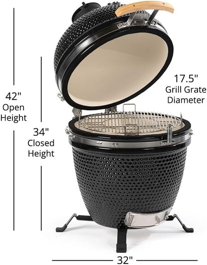 Ash & Ember 18" Kamado Grill Kit with Grade A Teak Table, Spacious Shelves, Built-In Thermometer, Airflow Vent, Heat Deflector, Ash Drawer, Ash Tool, Clip Tool, Protective Cover Included