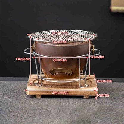 1Set Clay Charcoal Stove, Indoor Pottery Barbecue Stove, Tabletop Pottery Fire Stove, with a Wooden Pads and Grill, Metal Mesh, for Cooking Tea Stove(Brown)