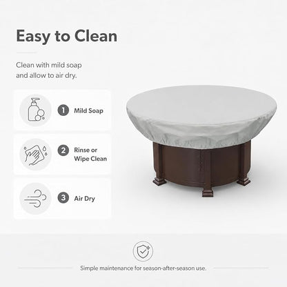 Treasure Garden Round Fire Pit Cover, 300D Polyester Outdoor Table & Ottoman Cover, Water Resistant, UPF50+ UV Protection, Elastic Hem, Spring Cinch Lock, Built-In Storage Pouch, Gray, 55 in