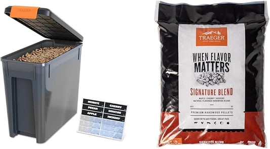 Bundle of Traeger Grills BAC637 StayDry Pellet bin, 22lb Capacity Wood Pellet Container + Traeger Grills Signature Blend 100% All-Natural Wood Pellets for Smokers 18 lb. Bag
