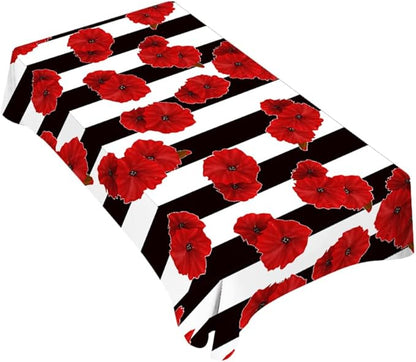 TKS MITLAN Black White Stripe Tablecloth 60x84 Inch Rectangular Red Flower Poppy Petal Bloom Bright Color Plant Oblong Table Cloth Kitchen Table Decorations for Home Dinner Party