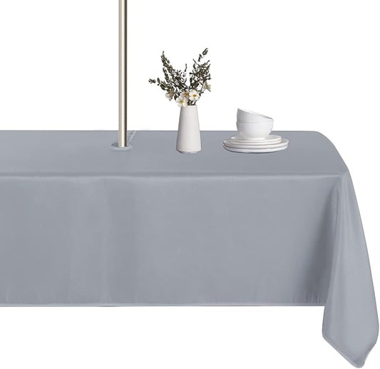 LUSHVIDA Rectangle Outdoor Tablecloth with Umbrella Hole and Zipper, 60x102 Inch Silver, Washable Waterproof Table Cloth Spill Proof Wrinkle Free Table Cover for Patio Spring Summer Picnic BBQS