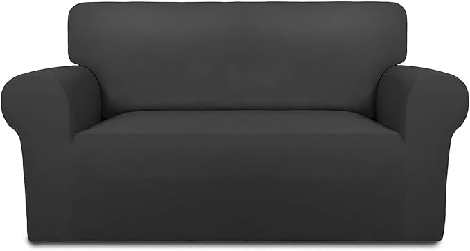 PureFit Stretch Loveseat Covers Fleece Couch Covers for Sofa Dark Gray | 1-Piece Sofa Slipcover Soft Couch Protector, Sofa Cover Washable with Non Skid Foam and Elastic Bottom for Kids, Dogs