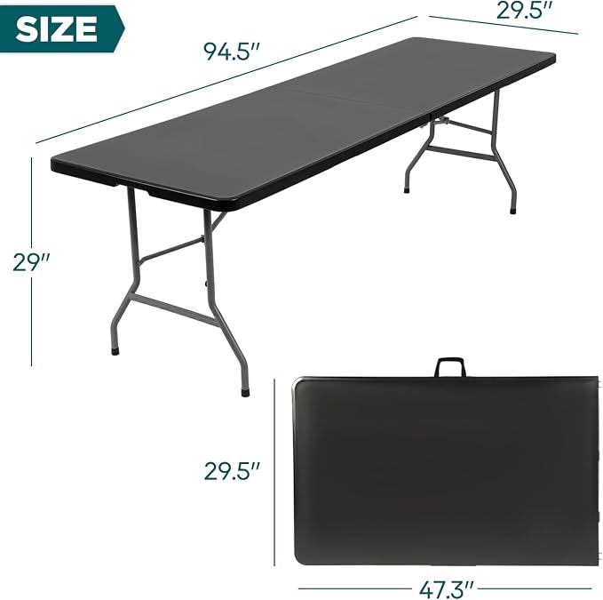 FDW 8 Foot Outdoor Dining Table, Foldable Portable Rectangular Plastic Folding Table with Built in Carrying Handle for Party and Wedding Use, Black