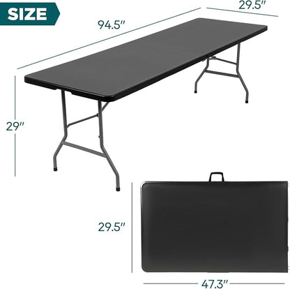 FDW 8 Foot Outdoor Dining Table, Foldable Portable Rectangular Plastic Folding Table with Built in Carrying Handle for Party and Wedding Use, Black
