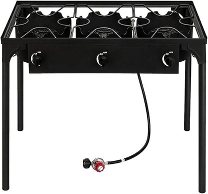 3-Burner Outdoor Cooker, 225,000 BTU High Pressure Cast Iron Burner for Camping and Backyard, Detachable Legs, Adjustabl
