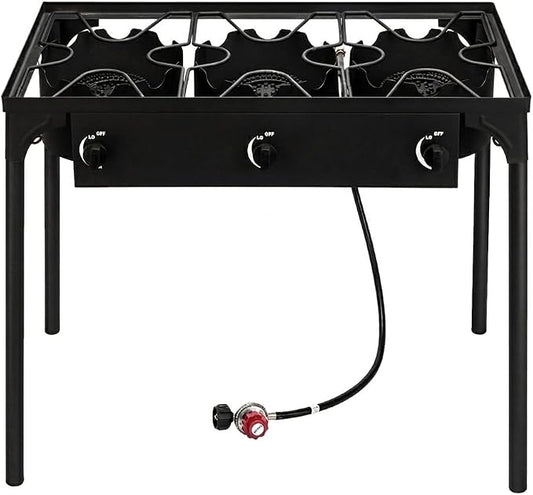 3-Burner Outdoor Cooker, 225,000 BTU High Pressure Cast Iron Burner for Camping and Backyard, Detachable Legs, Adjustabl