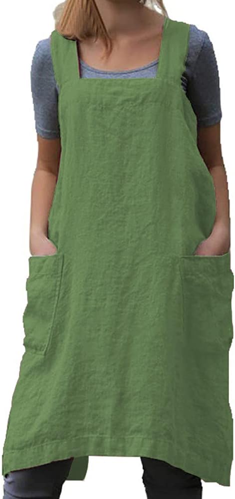 TBA Cotton Linen Apron Cross Back Apron for Women with Big Pockets Square Pinafore Dress for Baking Cooking BBQ & Grill