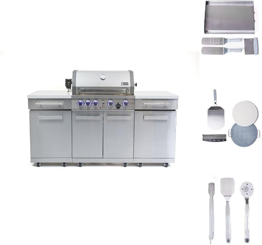 Mont Alpi Premium 70"W x 24"D Stainless Steel Outdoor Kitchen Island with Refrigerator + 32"W 4-Burner BBQ Grill + Universal Flat Top Griddle + Pizza Peel Kit + Cleaning Brush + Spatula & Tongs Combo