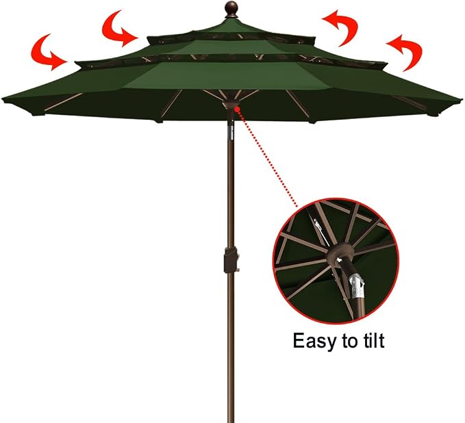 EliteShade USA 10-Year-Non-Fading 9ft 3-Tier Market Patio Umbrella, Commercial Grade Outdoor Table Umbrella with Crank Open, Windproof & UPF 50+ UV Protection, Heavy Duty Ventilation for Garden, Deck, Pool, Backyard, Beach & Bistro, Fern