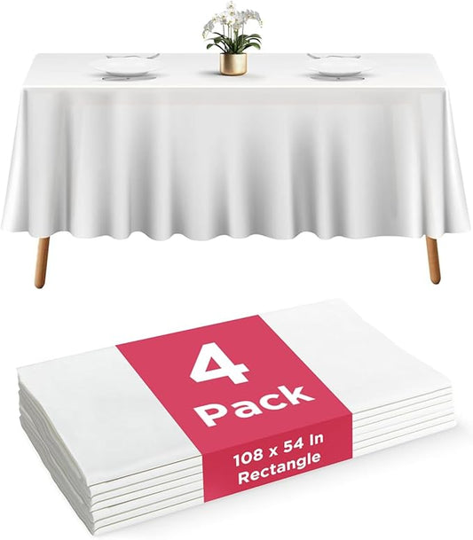 Prestee 4 Pack Plastic Table Cloth Disposable - 108" x 54" White Table Cloth Rectangle Table Cover - Heavy-Duty Waterproof Disposable Tablecloths for Weddings, Parties, BBQs, and Outdoor Dining Events