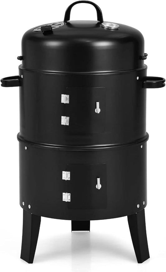 HAPPYGRILL 3-in-1 Charcoal Smoker Grill, Outdoor Vertical Charcoal Smoker with Built-in Thermometer & Adjustable Vent System, 2-Layer Separable BBQ Grills for Camping & Family Cooking