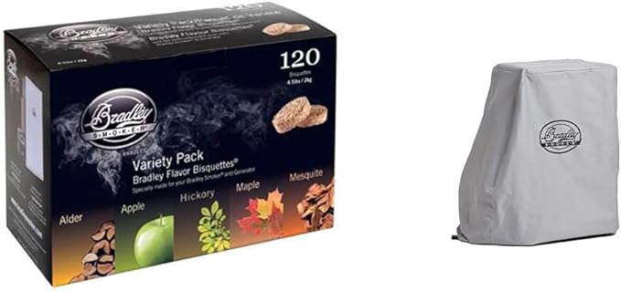 Bradley Smoker Bisquettes For Grilling and BBQ, 5 Flavour Variety, 120 Pack & 990025 Waterproof Electric Smoker Cover For 4-Rack Digital Smoker, Gray