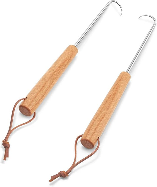 Pigtail Food Flipper 2Pcs, HaSteeL 12Inch Meat Turner Hook, Stainless Steel Pig Tail Flipper Hook With Wooden Handle, Grill Accessories for BBQ Grilling Griddle Kitchen Cooking - Left & Right Handed