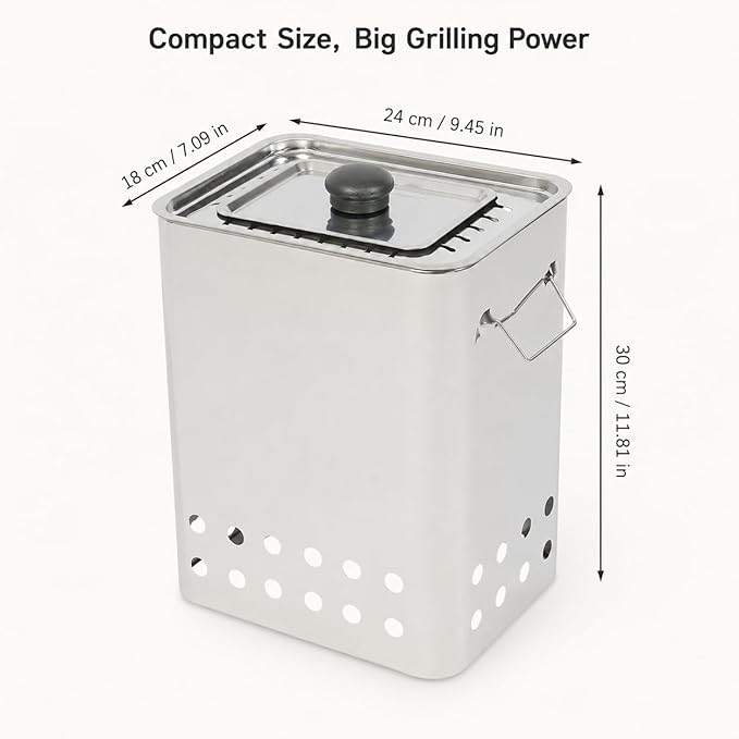 Smokeless Barbecue Charcoal Barrel Grill, Stainless Steel Surround Charcoal BBQ Grill Barrel for 26 Skewers, 360° Smokeless Charcoal Hanging Grill for Beaches Travel Camping Grill Picnic Patio