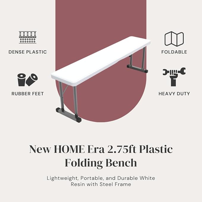 2.75ft Plastic Folding Bench – Lightweight and Portable White Resin with Durable Steel Frame, 33”x8”x16” - (Pack of 2, White, 2.75 Feet)