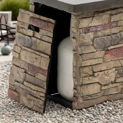 42" Propane Gas Fire Pit Table, 50,000 BTU Outdoor Patio Fire Pit, Concrete Fire Pit with Realistic Stone Base, Stainless Steel Burner, Glass Rocks & Tank Storage for Deck Backyard Garden