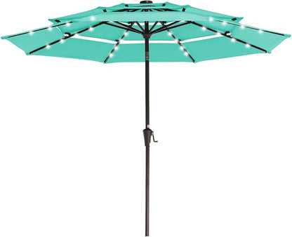 JEAREY 9 ft 3-Tier Outdoor LED Lighted Patio Umbrella w/Crank, Peacock Blue | Solar Market Table Umbrella with 8 Sturdy Ribs, UV Protection Waterproof Sunproof for Garden, Deck and Backyard